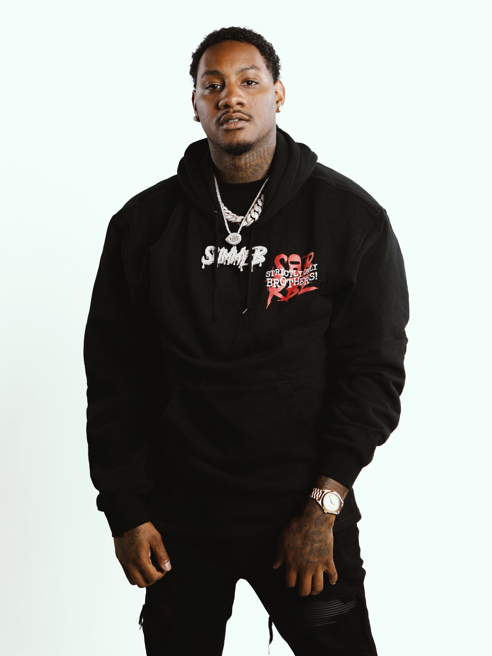 SOB x RBE black hoodie campaign portrait