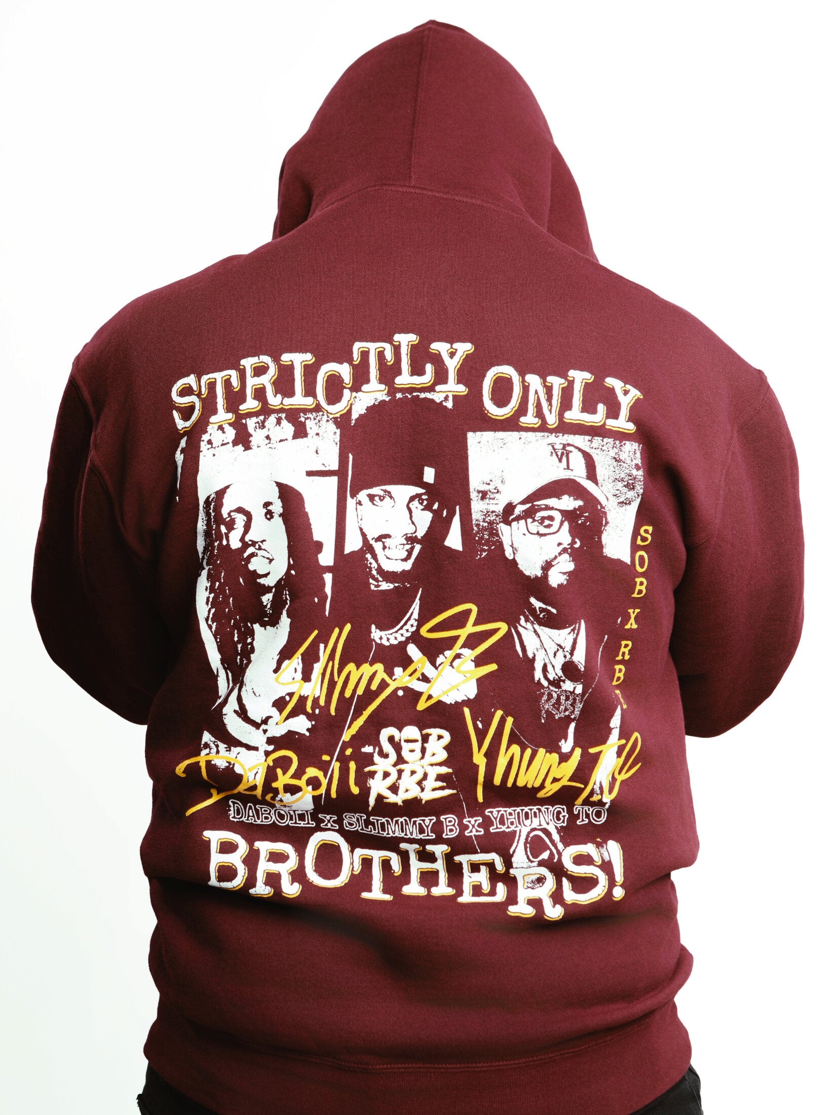 Back graphic of SOB x RBE burgundy hoodie