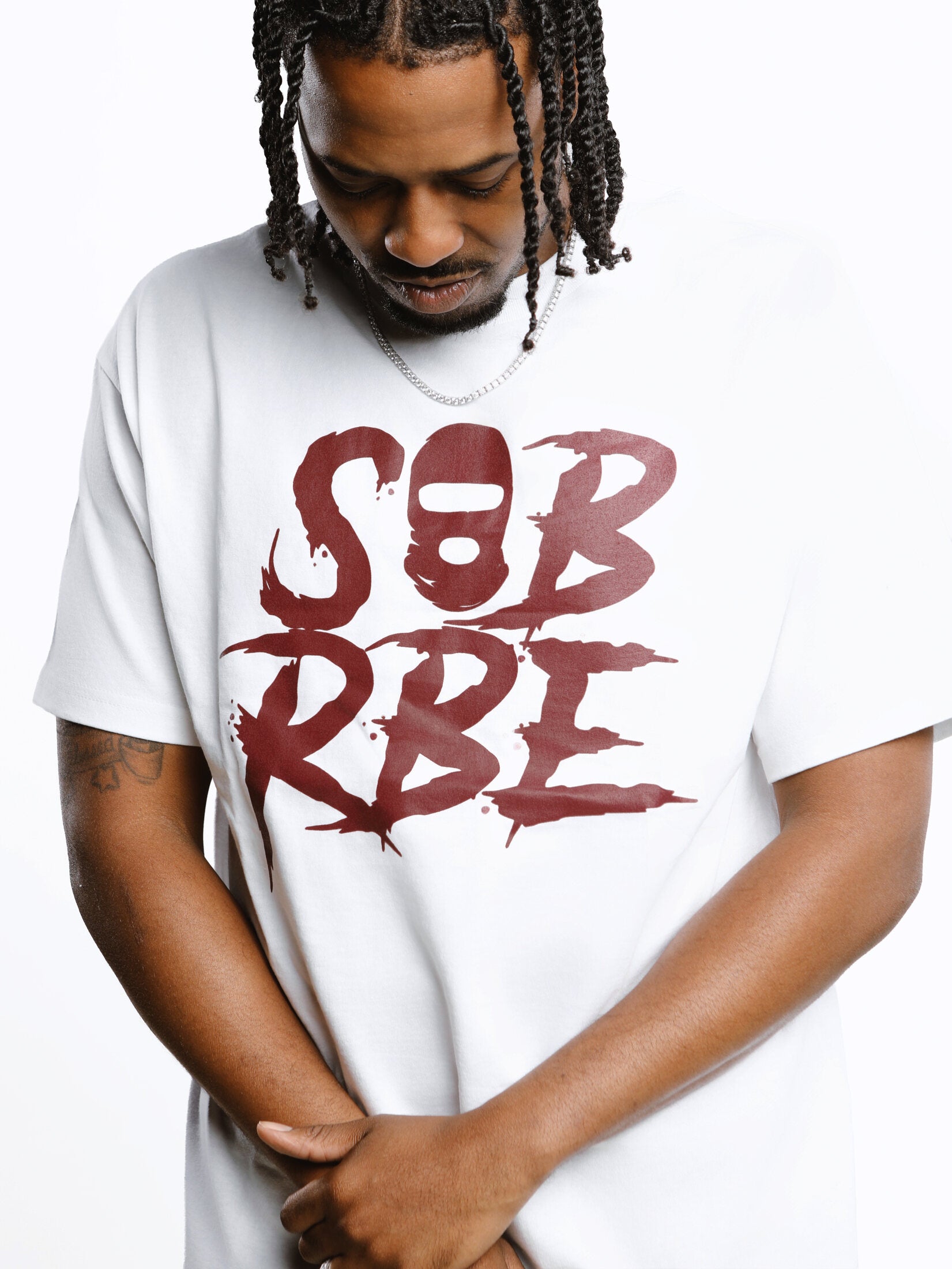 SOB x RBE white graphic tee campaign